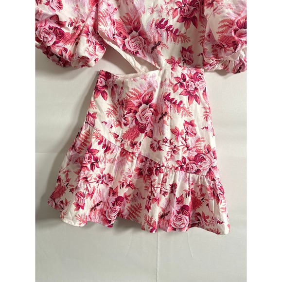 Hello Molly • Floral Cutout Puff Sleeve Square Neck Mini Dress Pink White XS US2 - Picture 4 of 8
